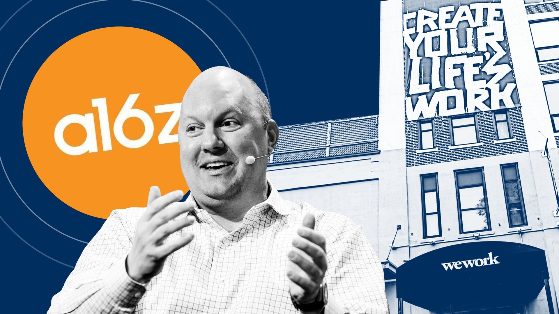 Marc Andreessen in front of the Andreessen Horowitz logo and an early WeWork office in New York