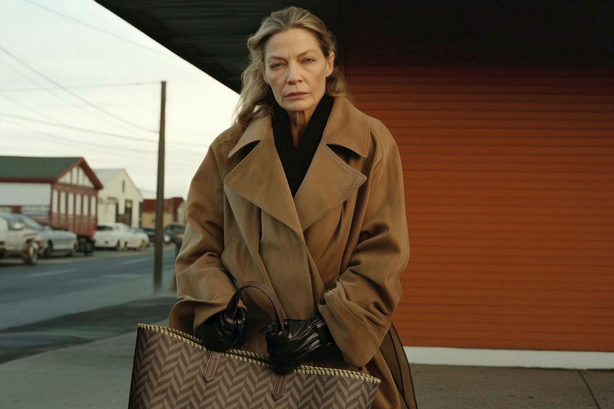 An older white woman holds a Misela bag in a drab city setting in this AI-generated image