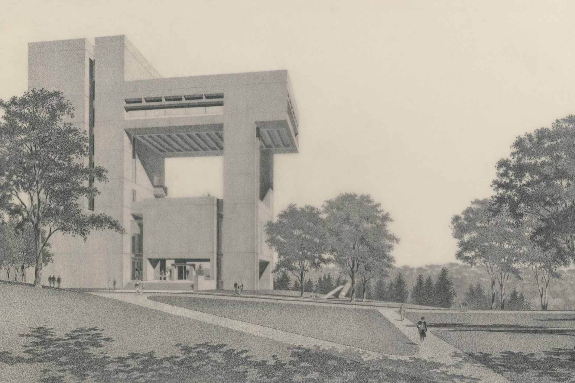 A soft grayscale landscape with a tallish concrete building which juts out at the top and is then supported at the front by another concrete structure